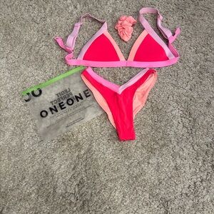 Pink and Red Bikini Set with Scrunchie